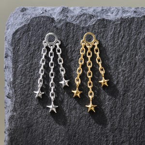 14K Gold Plated Triple Star Charm Earring, 925 Sterling Silver Tiny Stars Charm, Dangle Chain Charm, Celestial Daith Cartilage Hoop Charm