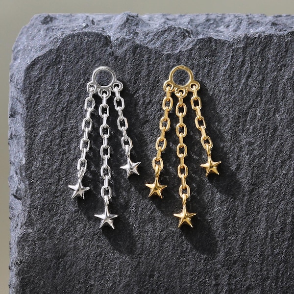 14K Gold Plated Triple Star Charm Earring, 925 Sterling Silver Tiny Stars Charm, Dangle Chain Charm, Celestial Daith Cartilage Hoop Charm