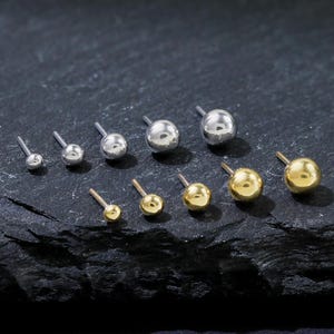 14K Gold Plated Ball Shaped Stud Earring, 925 Sterling Silver Earlobe Push Back Stud, Silver Threadless Pin Helix Conch Cartilage Earring.