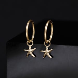 14K Solid Gold Starfish Charm Hoop Earring, 14K Ocean Dangle Hoop, Every Dainty Star Helix Conch  Charm Handmade Graduation Gift For Her