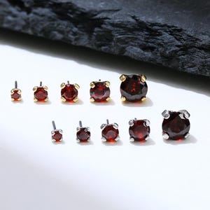 14K Gold Plated Prong Setting Red Garnet Stud Earring, 925 Sterling Silver Round Red Gemstone Push Back Stud, Helix Conch Cartilage Stud