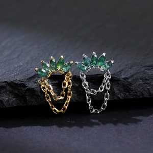 14K Gold Plated Moss Agate Stud Earring, 925 Sterling Silver Gemstone Earlobe Stud, Silver Chain Dangle Helix Upper Lobe Cartilage Piercing