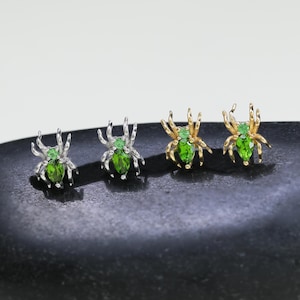14K Gold Plated Tiny Spider Tsavorite with Diopside Helix Stud, 925 Sterling Silver Green Gemstone Earlobe Stud, Daith Conch Cartilage Stud