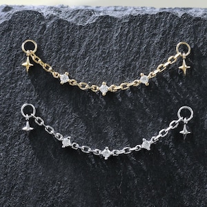 Catena per il naso pendente a forma di stella polare in oro 14 carati, catena in moissanite in argento sterling 925, catena a cerchio con elica polare e diamanti placcata in oro 14 carati