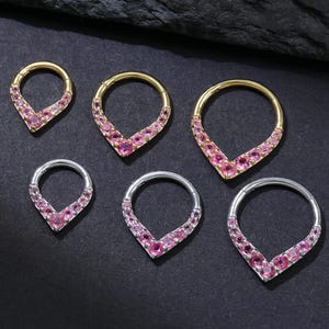 14K Gold Pink Tourmaline Hoop Clicker, 925 Sterling Silver Chevron Clicker, 14K Gold Plated Birthstone Helix Conch Cartilage Rook Hoop 16g