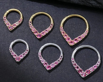 14K Gold Pink Tourmaline Hoop Clicker, 925 Sterling Silver Chevron Clicker, 14K Gold Plated Birthstone Helix Conch Cartilage Rook Hoop 16g