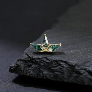 14K Gold Moss Agate Leaf Earring, Organic Moss Agate Triangle Stud, Forest Green Crown Threadless Push Pin, Dainty Earlobe Helix Piercing