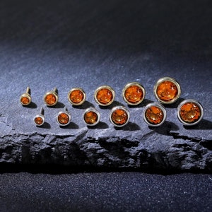 14K Gold Plated Bezel Setting Citrine Stud Piercing, Silver Tiny Gemstone Stud Earring, Sterling Silver Tragus Helix Conch Cartilage Earring