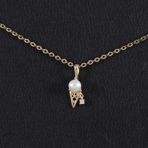 14k Solid Gold Eis Perle mit Moissanite Halskette, Solid Gold Zierliche niedliche Halskette, Solid Gold Eis Waffel Halskette, Sommer Schmuck