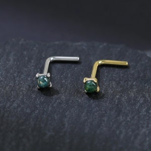 14K Gold Plated Moss Agate L-shaped Nose Stud, 925 Sterling Silver Moss Agate Screw Nose Stud, Dainty Gemstone Nose Piercing Nose Ring