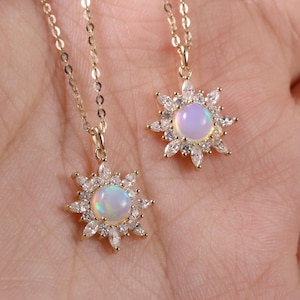 14K Solid Gold Sunburst Opal with Moissanite Pendant Necklace, Solid Gold Natural Opal Pendant, Gold Flower Pendant, Dainty Diamond Necklace