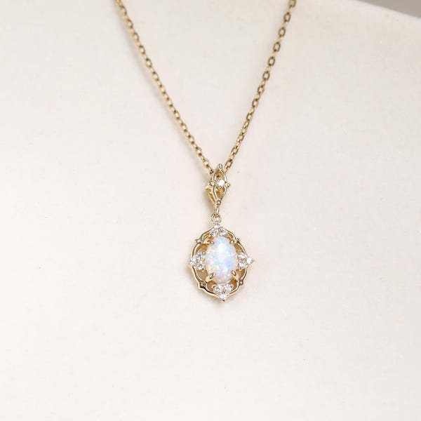 14k Solid Gold Opal Anhänger Vintage Opal Diamant Halskette Anhänger Oval Form Weißer Opal Anhänger Geschenk für ihren Glücksanhänger