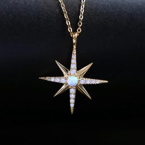 14K Solid Gold North Star Opal Pendant Necklace, Solid Gold Starburst Diamond Necklace, Gold Dainty Celestial CZ Pendant, Polaris Necklace