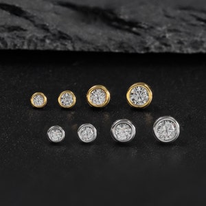 14K Gold Plated Bezel Setting Clear Stone Stud, 925 Sterling Silver Cubic Zirconia Threadless Pin Stud, Helix Conch Cartilage Flat Back Stud