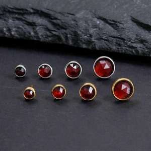 14K Gold Plated Bezel Setting Red Garnet Stud, Flat Back Threadless Push Pin, 925 Sterling Silver Helix Conch Earring, Cartilage Piercing.