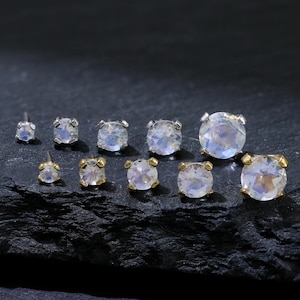 14K Gold Plated Prong Setting Moonstone Helix Stud, 925 Sterling Silver Round Dainty Moonstone Push Back Stud, Silver Conch Cartilage Stud