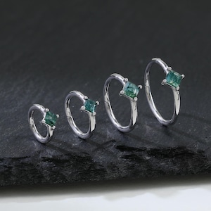 14K Gold Plated Moss Agate Hoop Earring, 925 Sterling Silver Square Gemstone Clicker, Silver Tragus Helix Conch Cartilage Hoop Clicker.