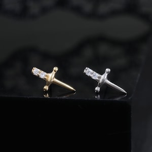 14K Gold Plated Cubic Zirconia Sword Stud Earring, 925 Sterling Silver Tiny Diamond Helix Stud, Conch Cartilage Stud, Flat Back Stud.
