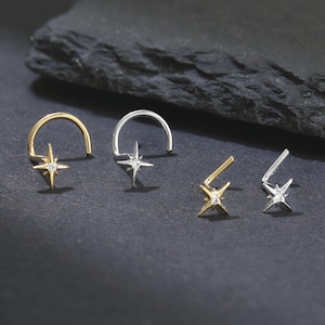 14K Gold Plated North Star with CZ Nose Stud, 925 Sterling Silver Celestial S-shaped/L-shaped  Nose Ring, 925 Silver Polaris Nose Piercing