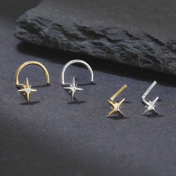 Piercing para la nariz con estrella del norte bañada en oro de 14 quilates y circonita cúbica, aro nasal celestial en forma de S/L de plata de ley 925, piercing para la nariz Polaris de plata 925