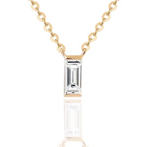 14k Solid Gold Moissanite Baguette Cut Necklace, 14k Real Gold Rectangular Moissanite Necklace, Gold Solitaire Moissanite Necklace