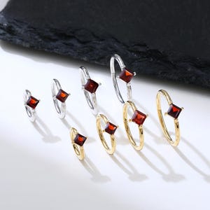 14K Gold Plated Red Garnet Hoop Earring, 925 Sterling Silver Square Red Gemstone Clicker, Silver Tragus Helix Conch Cartilage Hoop Clicker.