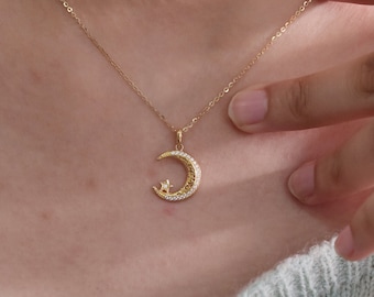 14k massif or croissant collier or lune pendentif or lune collier minimaliste lune collier saint valentin cadeau superposition collier