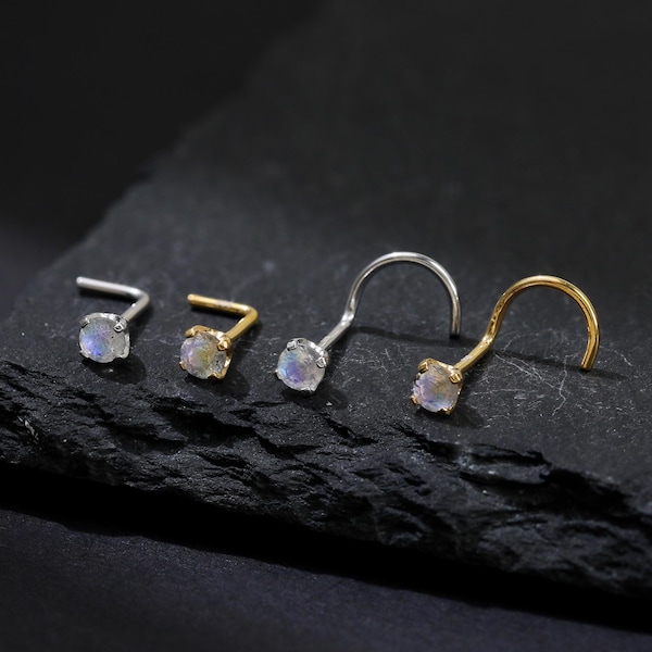 Labradorite S-Shaped Multiple Size Nose Ring, 925 Silver Labradorite L-Shaped Nose Stud, 14K Gold Plated Single Gemstone Nose Piercing
