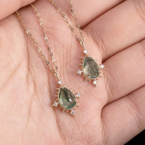 14K Solid Gold Moss Agate Necklace,Moss Agate Pendant,Teardrop Pendant.