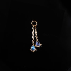 14K Solid Gold Blue Moonstone Dangle Charm, Stacked Clicker Drop Chain Pendant, Dainty Jewelry for Cartilage Helix Rook Hoop
