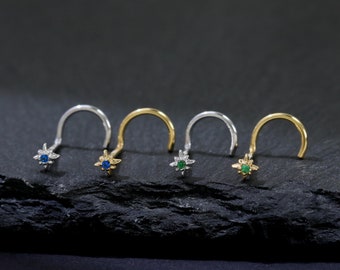 14K Gold Plated Star Celestial S-shaped Cubic Zirconia Nose Stud, 925 Sterling Silver Diamond Nose Piercing, Dainty Green/Blue CZ Nose Ring
