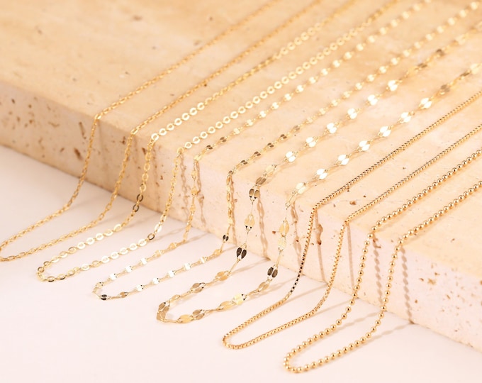 14K Solid Gold Chain, Layering Necklace, Cross Diamond Cut, Flash O, Lips, Box, Beads Chain, 14-20 Inches Everyday Chain, Gift for Her