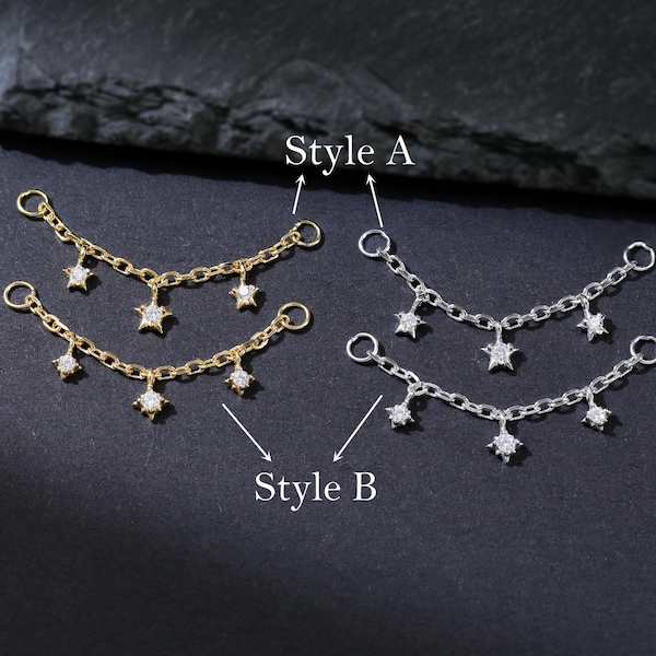 14K Solid Gold Triple North Stars Diamant Nasenkette, 925 Sterling Silber Polaris Kette, 14K Vergoldete Celestial CZ Helix Conch Hoop Kette