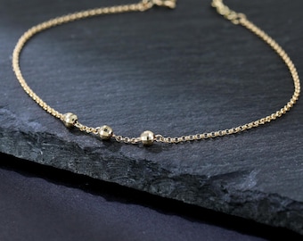 14k Solid Gold Three Bead Ball Bracelet, Solid Gold Minimalist Bracelet, 14K Gold Dainty Ball Bracelet, Solid Gold Bracelet, Gift For Women