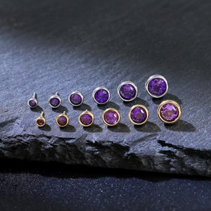 14K Gold Plated Bezel Setting Amethyst Stud Piercing, 925 Sterling Silver Natural Birthstone Earring, Silver Tragus Helix Conch Earring