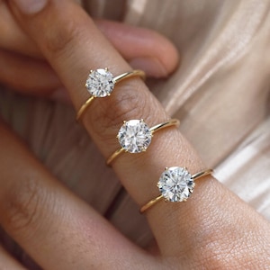 Anillo de compromiso de oro macizo de 14 quilates con solitario de moissanita de corte redondo de 6 puntas (1, 2 y 1,5 quilates). Anillo de moissanita delicado. Anillo de promesa de oro.
