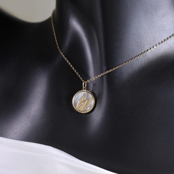 14K Solid Gold Angel Wing Mother of Pearl Pendent Necklace, Solid Gold MOP Medallion Pendent, 14K Gold Guardian Angel Pendent, Gift For Mom