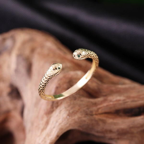 14k Solid Gold Two-Headed Snake Ring Serpent Ring Handmade Ring Fashion Snake Ring Gothic Ring Snake Jewellery Snake Statement Jewellery