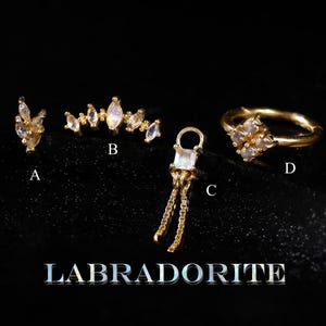 May include: Four gold-toned jewelry pieces labeled A, B, C, and D, featuring iridescent labradorite stones. Piece A is a small cluster, B is a curved bar, C is a pendant with two hanging chains, and D is a ring. The word LABRADORITE is below.