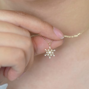 14K Snowflake Diamond Necklace Delicate Snow Necklace Snowflake Gold Pendant Necklace Valentines Day Gift Girlfriend Gift