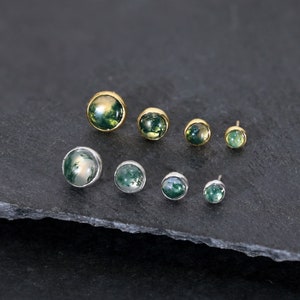 14K Gold Plated Bezel Setting Moss Agate Stud, Flat Back Threadless Push Pin, 925 Sterling Silver Helix Conch Earring, Cartilage Piercing.