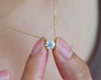 Collier Moissanite en or 14 carats Collier Solitaire Moissanite Collier de demoiselle d'honneur Collier Solitaire rond coupe brillante minimaliste