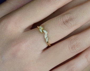 14k Solid Gold Leaf Ring Moissanite Leaf Ring Nature Inspired Ring Leaf Pave Wedding Ring Vine Anniversary Band Stackable Ring Gift For Her