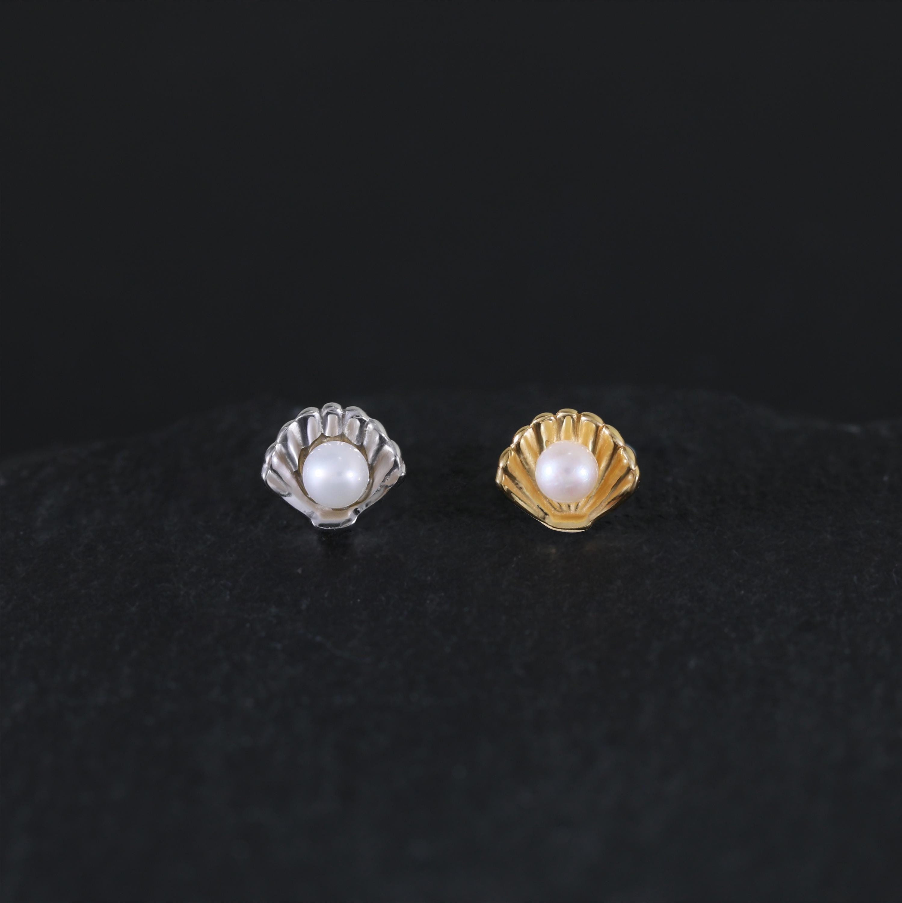 14K Gold Plated Dainty Shell Fresh Water Pearl Threadless Pin Stud Earring, 925 Sterling Silver Gemstone Earring, Helix Conch Cartilage Stud