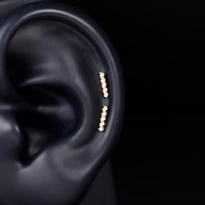 K&ouml;nnte beinhalten: Zwei goldene Ohrpiercings mit vertikalem Stabdesign, jeweils besetzt mit f&uuml;nf kleinen, klaren, rund geschliffenen Steinen in einer geraden Linie. Der Schmuck ist entlang des oberen Knorpelbereichs eines dunklen Ohrmodells platziert.