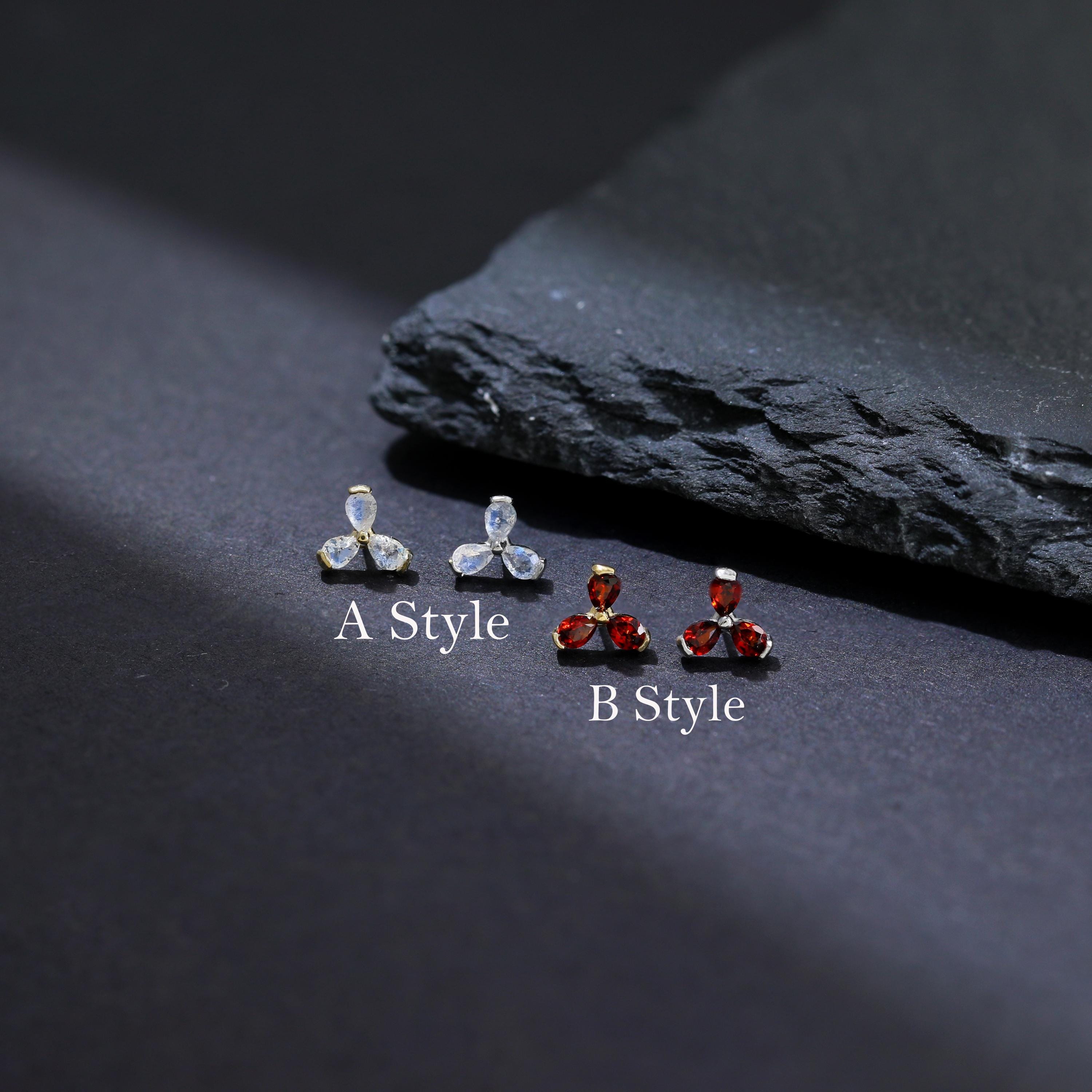 14K Gold Plated Flower Red Garnet/Labradorite Stud Earring, 925 Sterling Silver Floral Gemstone Earlobe Stud, Helix Conch Cartilage Stud
