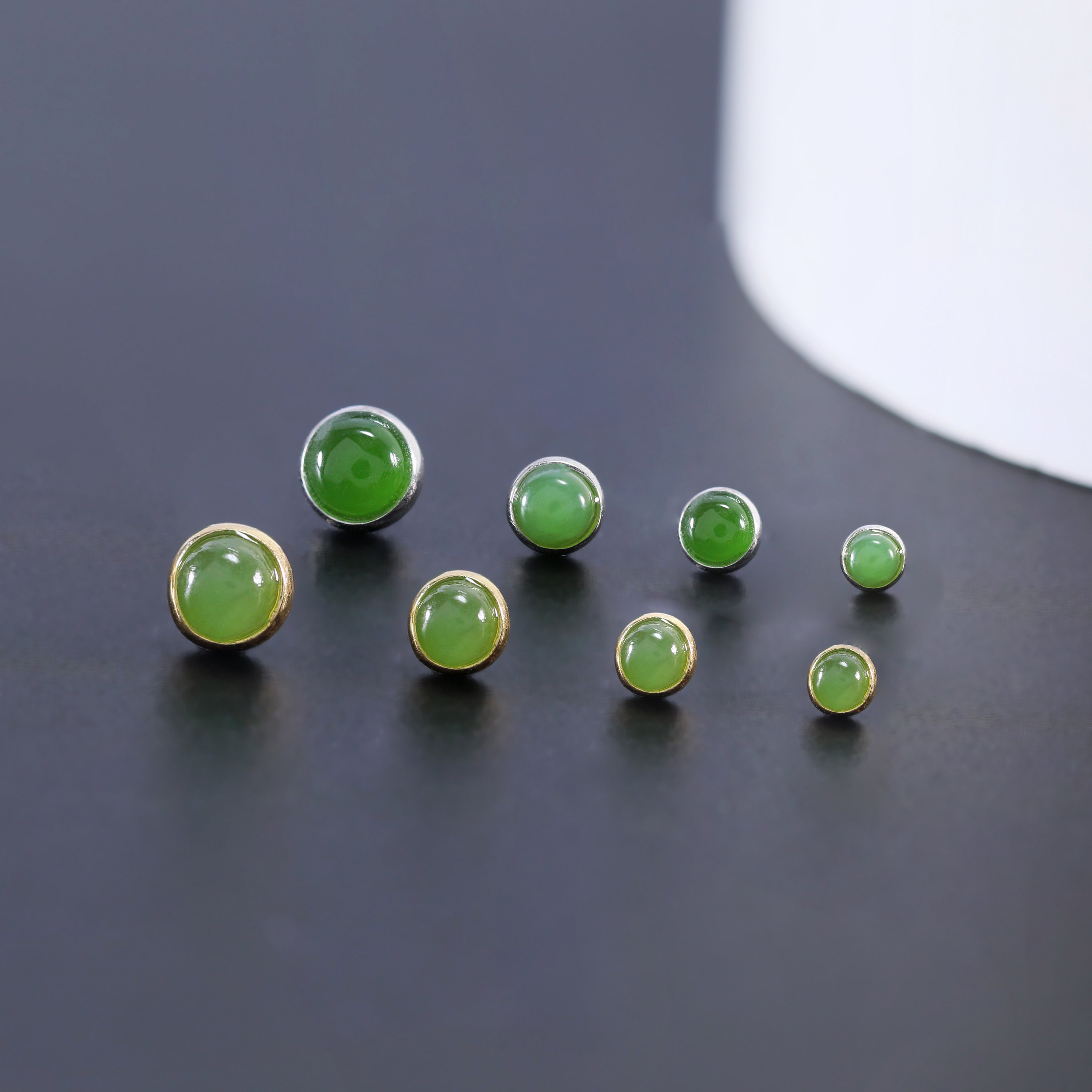 14K Gold Plated Jade Stud Earring, 925 Sterling Silver Gemstone Threadless Pin Stud, Helix Earring, Jasper Conch Cartilage Stud, Flat Back.