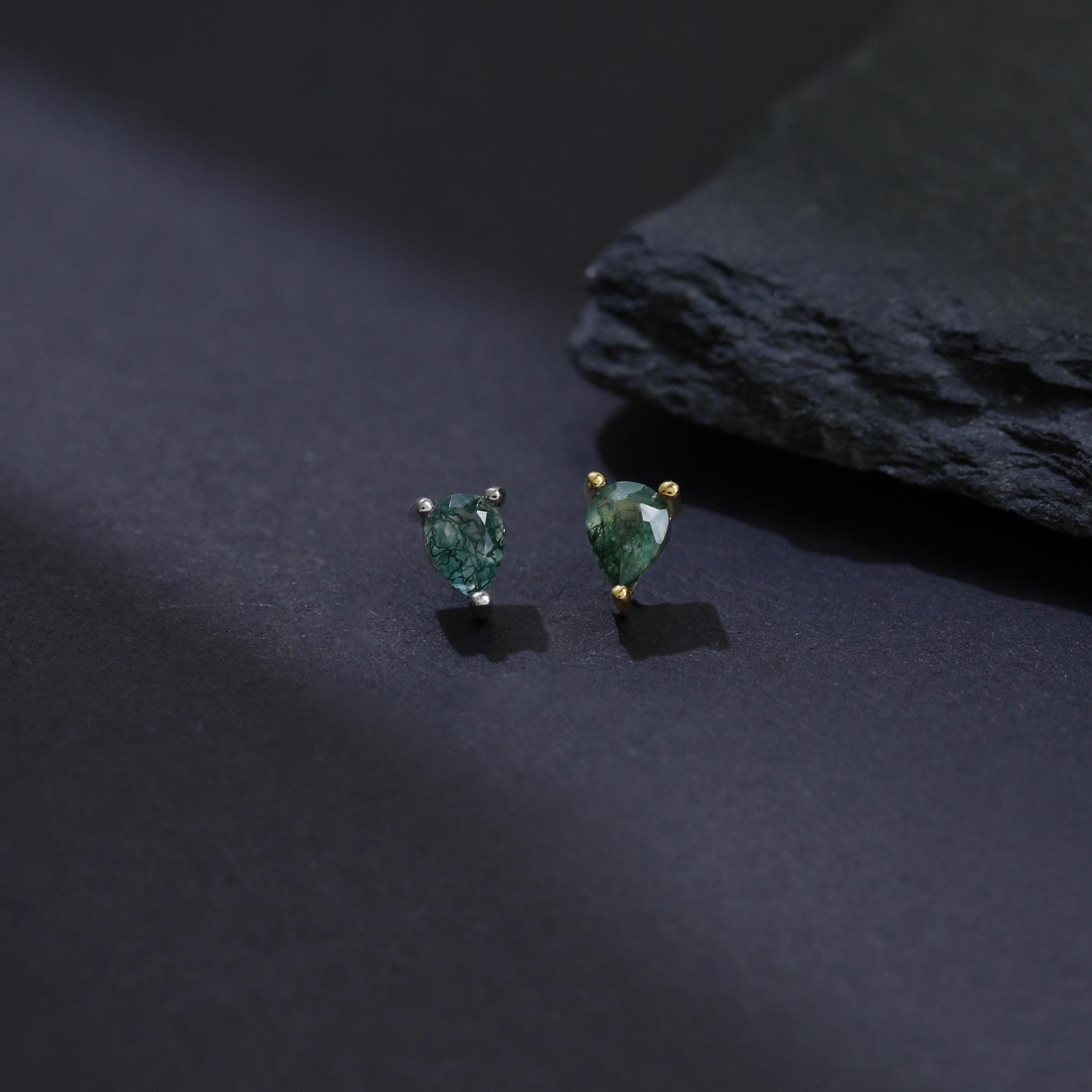 14Kゴールドメッキ ティアドロップ モスアゲート スレッドレスピン