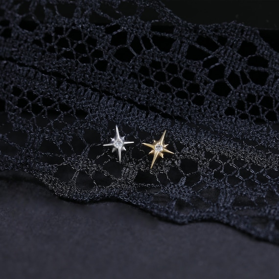 14K Gold Plated North Star with Tiny CZ Stud Earring, 925 Sterling Silver Celestial Helix Earlobe Stud Earring, Polaris Conch Cartilage Stud