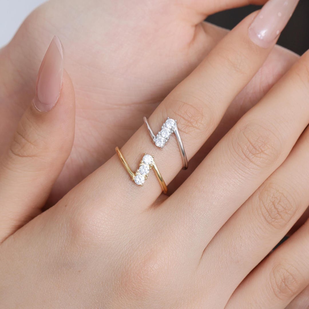 14K Gold Crossover Three-stone Ring, 925 Silver Criss Cross Curved ...